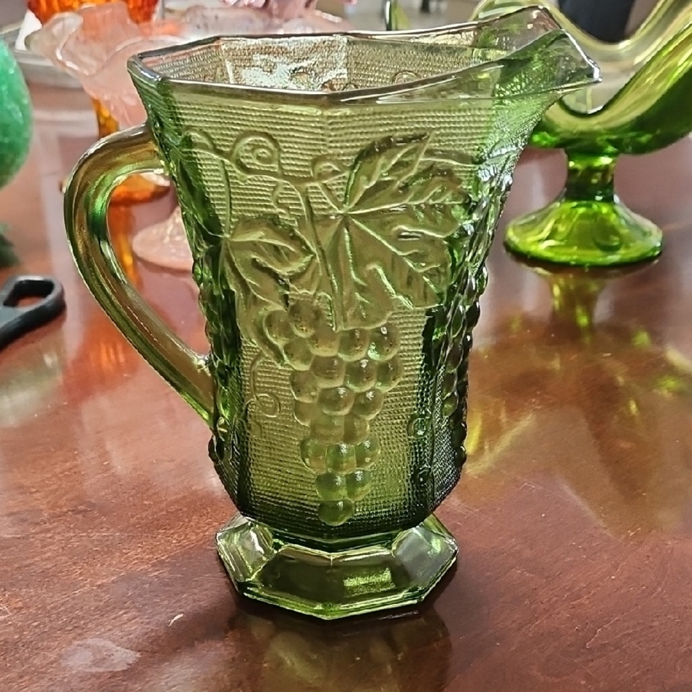 Anchor Hocking Vintage Green Glass Pitcher with Grape Design